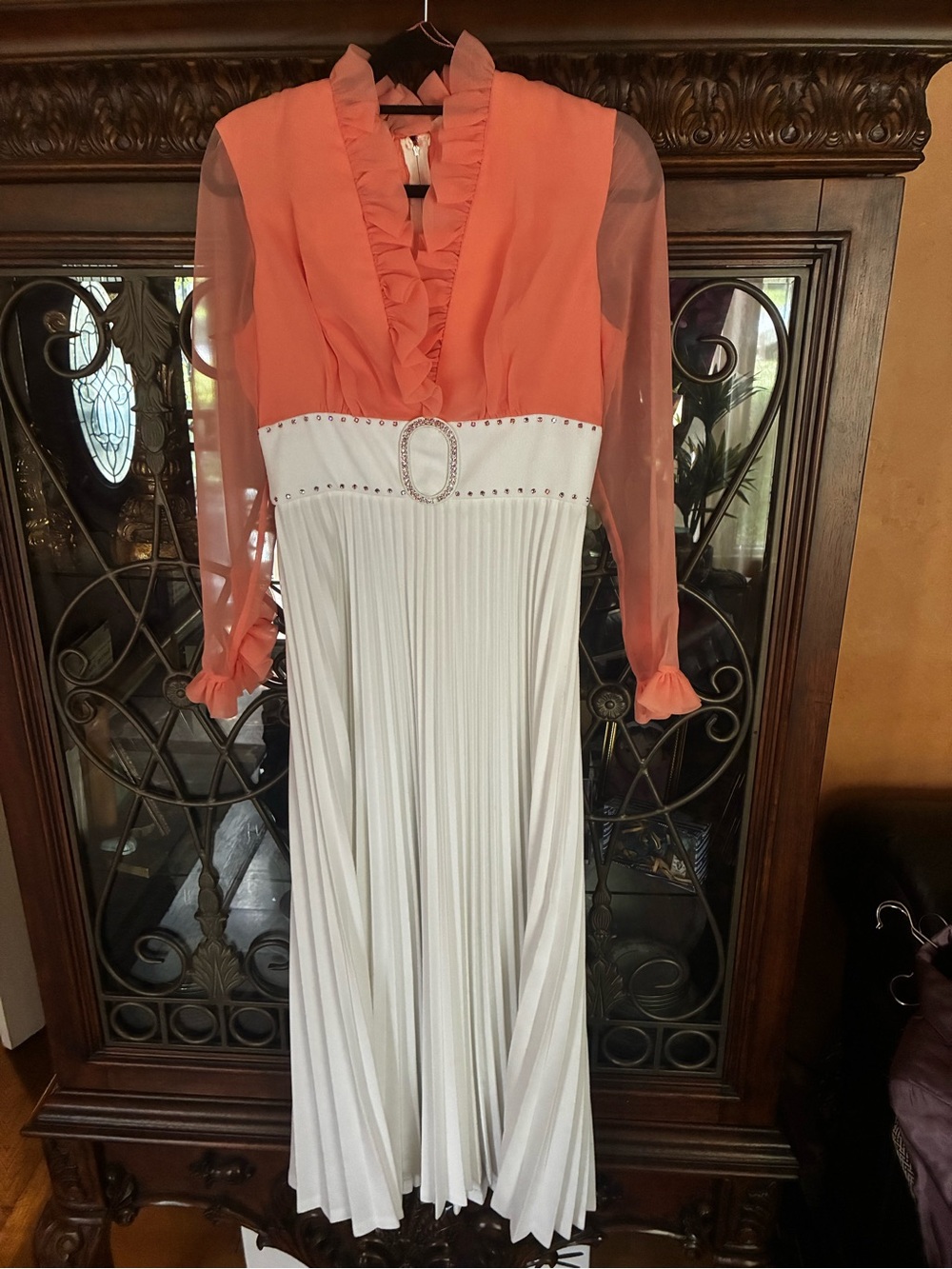 Coral and White Ruffled V-Neck Pleated Maxi Dress